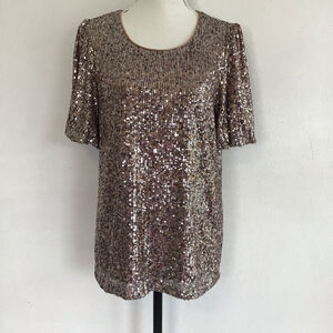 FSL Apparel Women Elegant Gold Sequin Short Sleeve Event Top M